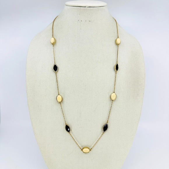 Banana Republic Necklace Station Black Cream Enamel Crystal Gold Tone Jewelry - Picture 1 of 8
